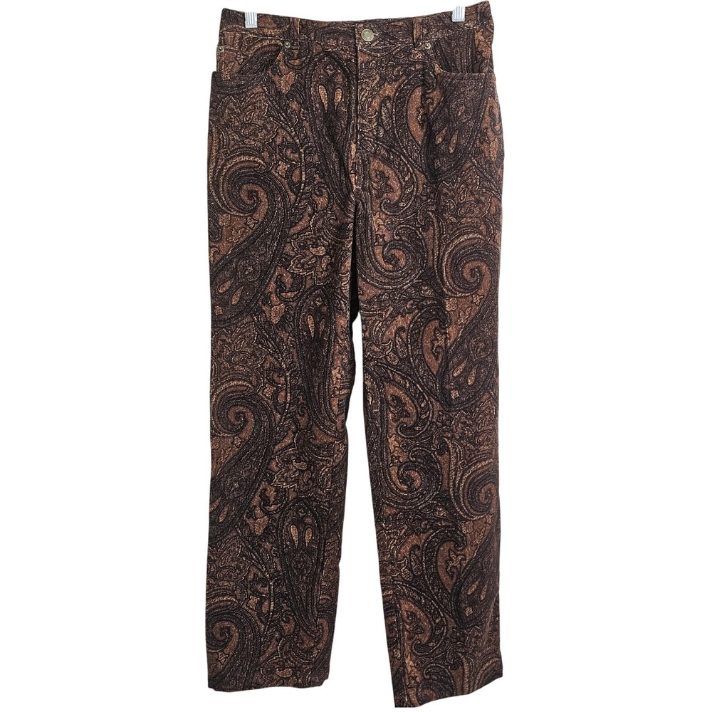 Kate Hill Petite 8 Brown Paisley Corduroy Pants High Rise Straight Leg Earthy
